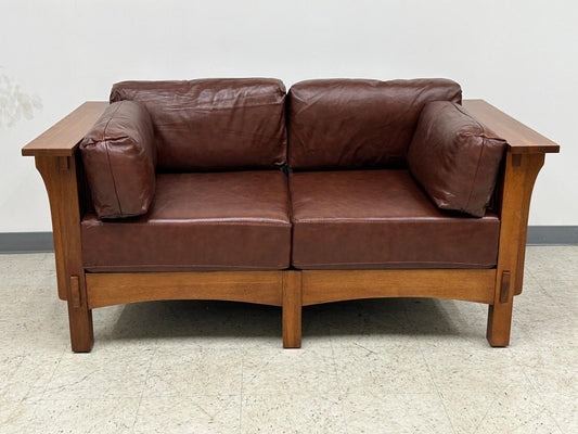 Arts And Crafts / Craftsman Crofter Style Love Seat - Chestnut Leather