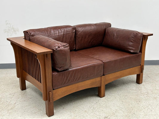 Arts And Crafts / Craftsman Crofter Style Love Seat - Chestnut Leather